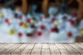 Christmas holiday background with empty wooden deck table over bokeh. Ready for product montage Royalty Free Stock Photo