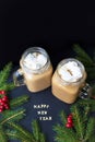 Christmas holiday background with hot cocoa marshmellou. The inscription Happy New Year. Royalty Free Stock Photo