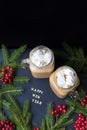 Christmas holiday background with hot cocoa marshmellou. The inscription Happy New Year Royalty Free Stock Photo