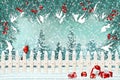 Christmas holiday background with pocket fence, cardinal, spruce branches and gifts in snow