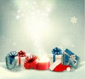 Christmas holiday background with presents and magic box. Royalty Free Stock Photo