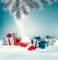 Christmas holiday background with presents and magic box.