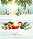 Christmas holiday background with presents and magic box. Royalty Free Stock Photo