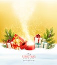 Christmas holiday background with presents and magic box.