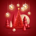 Christmas holiday background with realistic 3D plastic Christmas trees. Merry Christmas and Happy new Year greeting card. Royalty Free Stock Photo