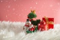 Christmas holiday background with Santa and decorations. Christmas landscape with gifts and snow. Merry christmas and happy new ye Royalty Free Stock Photo