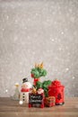 Christmas holiday background with Santa and decorations. Christmas landscape with gifts and snow. Merry christmas and happy new ye Royalty Free Stock Photo