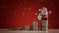 Christmas holiday background with Santa and money coin stack background. Christmas celebration holiday background. Saving money co