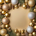 christmas and holiday backgroundchristmas and holiday backgroundchristmas frame with fir tree decorations and golden baubles. top