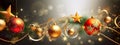 Christmas holiday banner dark background with colored balls, gold stars and Christmas decorations. Royalty Free Stock Photo