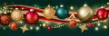 Christmas holiday banner green background with colored balls, golden stars, pine branches and Christmas decorations Royalty Free Stock Photo