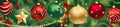 Christmas holiday banner green background with colored balls, golden stars, pine branches and Christmas decorations Royalty Free Stock Photo
