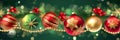 Christmas holiday banner green background with colored balls, golden stars, pine branches and Christmas decorations Royalty Free Stock Photo