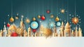 Christmas holiday banner green background with colored balls, golden stars, pine branches and Christmas decorations. Royalty Free Stock Photo