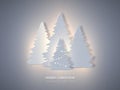 Christmas holiday banner with paper cut style fir-tree and glowing lights. New year background, vector illustration. Royalty Free Stock Photo