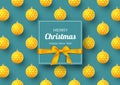 Christmas holiday banner. Realistic 3d balls with geometric pattern and label with silk bow. New Year background, vector Royalty Free Stock Photo