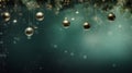 Christmas holiday banner template greeting card panorama - Group hanging gold and green Christmas balls, snowflakes, decorations Royalty Free Stock Photo