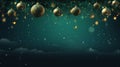 Christmas holiday banner template greeting card panorama - Group hanging gold and green Christmas balls, snowflakes, decorations Royalty Free Stock Photo