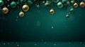 Christmas holiday banner template greeting card panorama - Group hanging gold and green Christmas balls, snowflakes, decorations Royalty Free Stock Photo