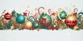 Christmas holiday banner white background with colored balls, gold stars and Christmas decorations. Royalty Free Stock Photo