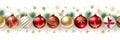 Christmas holiday banner white background with colored balls, golden stars, pine branches and Christmas decorations. Royalty Free Stock Photo