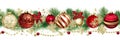 Christmas holiday banner white background with colored balls, golden stars, pine branches and Christmas decorations. Royalty Free Stock Photo