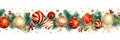 Christmas holiday banner white background with colored balls, golden stars, pine branches and Christmas decorations. Royalty Free Stock Photo