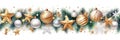Christmas holiday banner white background with colored balls, golden stars, pine branches and Christmas decorations. Royalty Free Stock Photo
