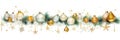 Christmas holiday banner white background with colored balls, golden stars, pine branches and Christmas decorations. Royalty Free Stock Photo