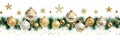 Christmas holiday banner white background with colored balls, golden stars, pine branches and Christmas decorations. Royalty Free Stock Photo