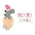 Christmas holiday card with cute dino in Santa hat