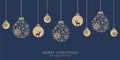 Merry Christmas banner with hanging Xmas baubles made by snowflakes and balls with deer. Background with different hanging decor Royalty Free Stock Photo