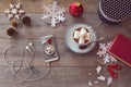 Christmas holiday celebration. Preparing paper snowflakes. View from above with copy space