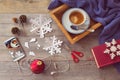 Christmas holiday celebration. Preparing paper snowflakes. View from above. Royalty Free Stock Photo