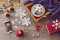 Christmas holiday celebration. Preparing paper snowflakes. View from above. Royalty Free Stock Photo