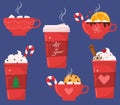 Christmas holiday coffee or chocolate mug. Cocoa with marshmallows, warming winter drinks. Christmas hot chocolate mugs or winter