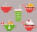 Christmas holiday coffee or chocolate mug. Cocoa with marshmallows, warming winter drinks. Christmas hot chocolate mugs or winter