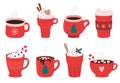 Christmas holiday coffee mug. Cocoa with marshmallows, winter warming drinks and hot espresso cup vector illustration