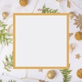 Christmas holiday composition. Festive creative golden pattern, xmas gold decor holiday ball with ribbon, snowflakes, christmas tr Royalty Free Stock Photo