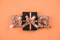 Christmas holiday composition. Various gift boxes on pastel orange background. Christmas, new year, birthday concept.