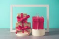 Christmas holiday concept with gift boxes. Winter season sale modern still life composition