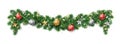 Christmas holiday decoration. Fir tree garland, divider. Gold and red glitter ornaments. Sparkling balls, stars and Royalty Free Stock Photo