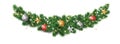 Christmas holiday decoration. Fir tree garland, divider. Gold and red glitter ornaments. Sparkling balls, stars and Royalty Free Stock Photo