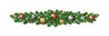 Christmas holiday decoration. Fir tree garland, divider. Gold and red glitter ornaments. Sparkling balls, stars and Royalty Free Stock Photo