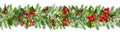 Christmas holiday decorative seamless border of tree branches with fir cone, Holly, mistletoe Royalty Free Stock Photo