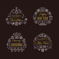 Christmas holiday decorative vector emblems with winter festive xmas line icons