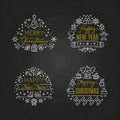 Christmas holiday decorative vector emblems with winter festive xmas line icons and greeting text on chalkboard