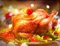 Christmas dinner. Served table with roasted turkey Royalty Free Stock Photo