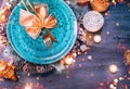 Christmas Holiday Dinner table setting. Tabletop, top view. New Year, Xmas table decoration with blue plate, colorful decor Royalty Free Stock Photo