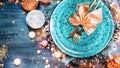 Christmas Holiday Dinner table setting. Tabletop, top view. New Year, Xmas table decoration with blue plate, colorful decor Royalty Free Stock Photo